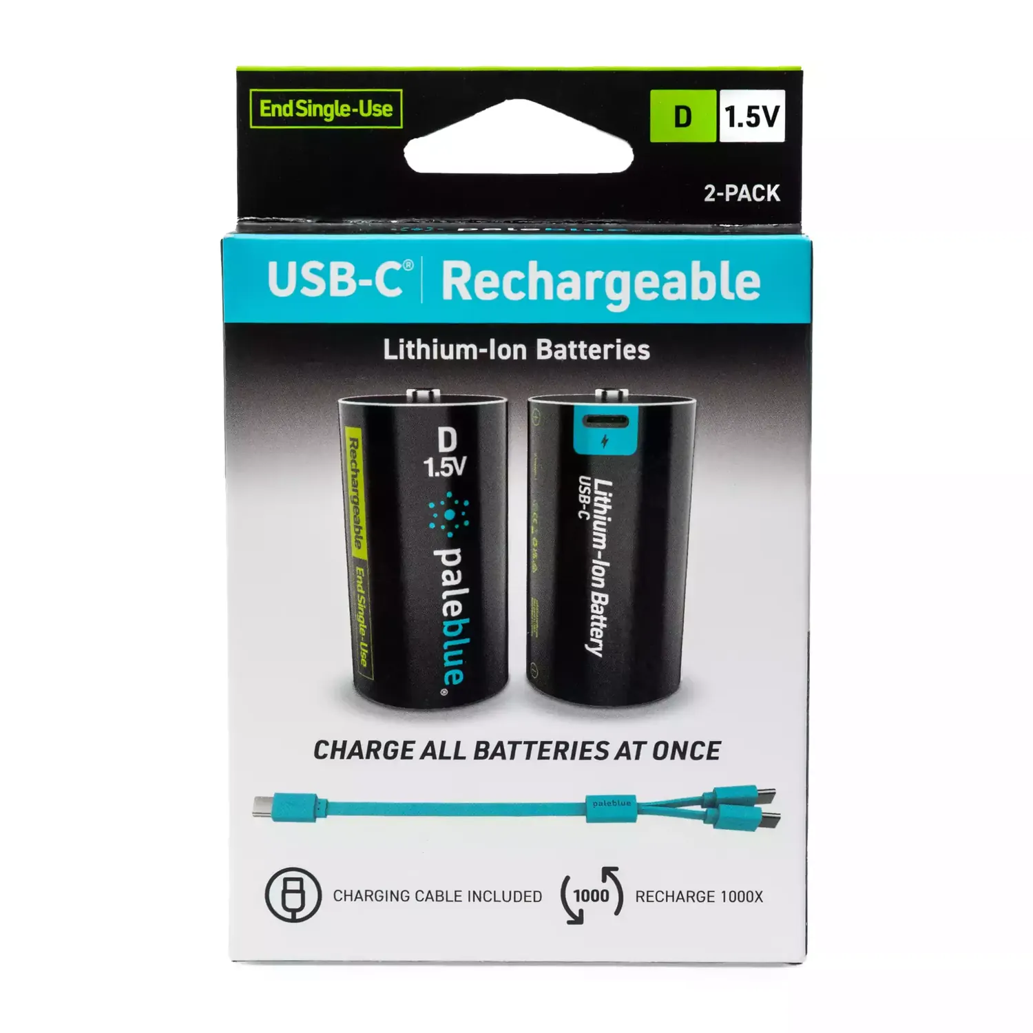 Paleblue Voyager D USB-C Rechargeable Batteries (2-Pack) in its retail package, shown from the front.