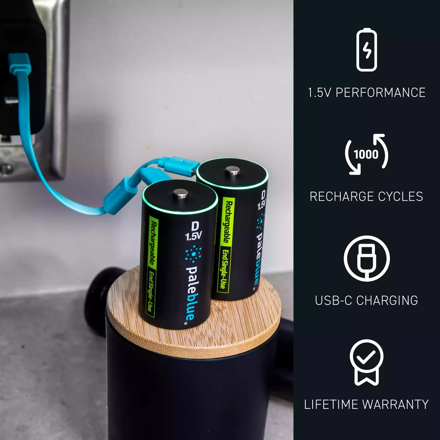 Paleblue Voyager D USB-C Rechargeable Batteries (2-Pack) charging from a wall charger through the 2-to-1 USB-C cable, beside icons for 1.5 V performance, 1,000 recharges, USB-C charging, and lifetime warranty.