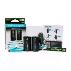 Paleblue Voyager D USB-C Rechargeable Batteries (2-Pack) laid out with the package, two D cells, recycled plastic travel cases, a charging cable, and a quick start guide.