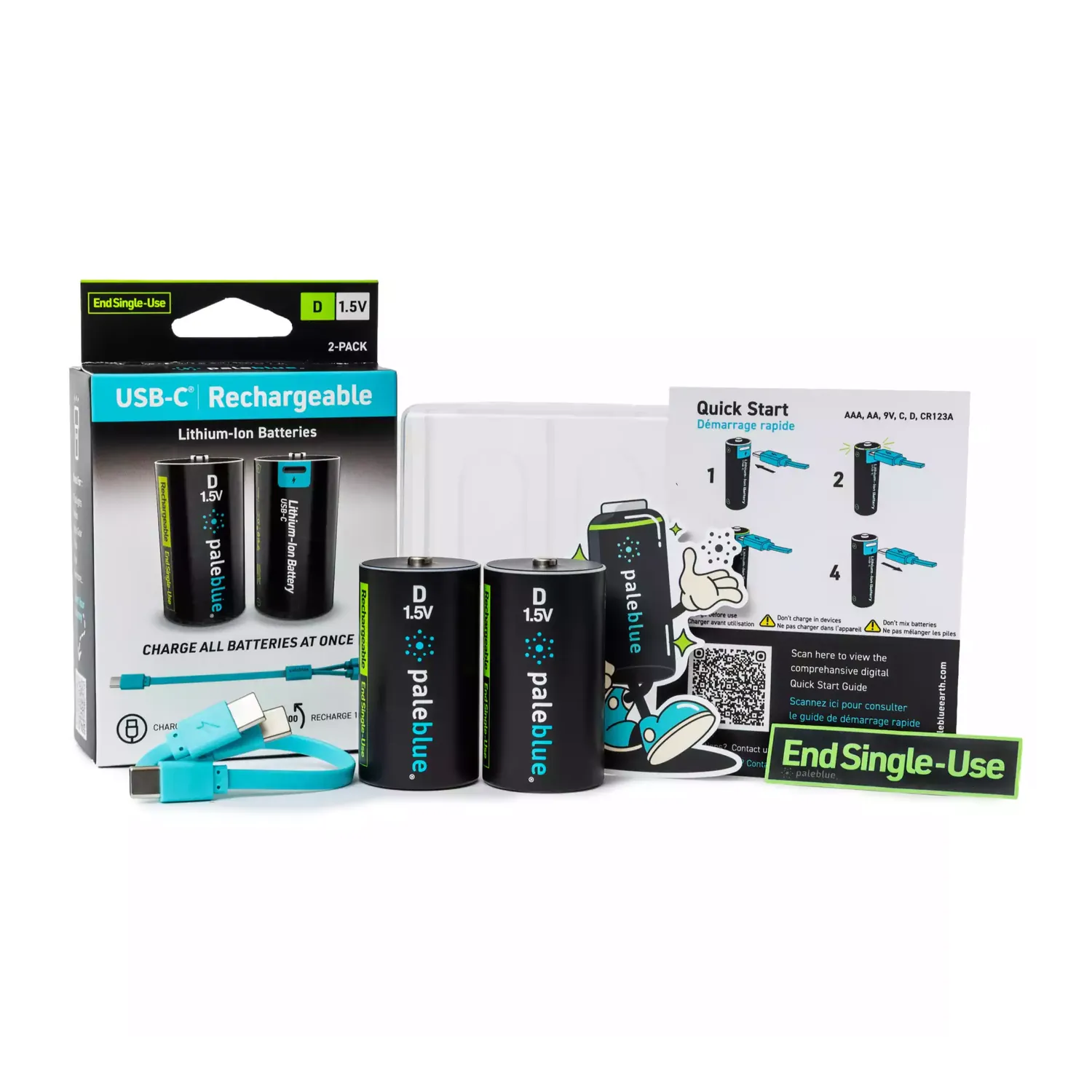 Paleblue Voyager D USB-C Rechargeable Batteries (2-Pack) laid out with the package, two D cells, recycled plastic travel cases, a charging cable, and a quick start guide.