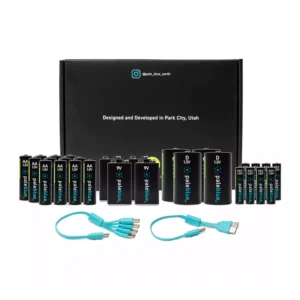 Paleblue Voyager Home Conversion Kit with 28 Rechargeable Batteries laid out in front of its box: AA, AAA, D, and 9V cells with USB-C charging cables.