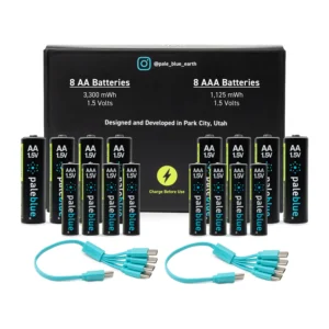 Paleblue Voyager Sustainability Kit with 16 Rechargeable Batteries laid out: eight AA cells and eight AAA cells with two 4-to-1 USB-C charging cables.