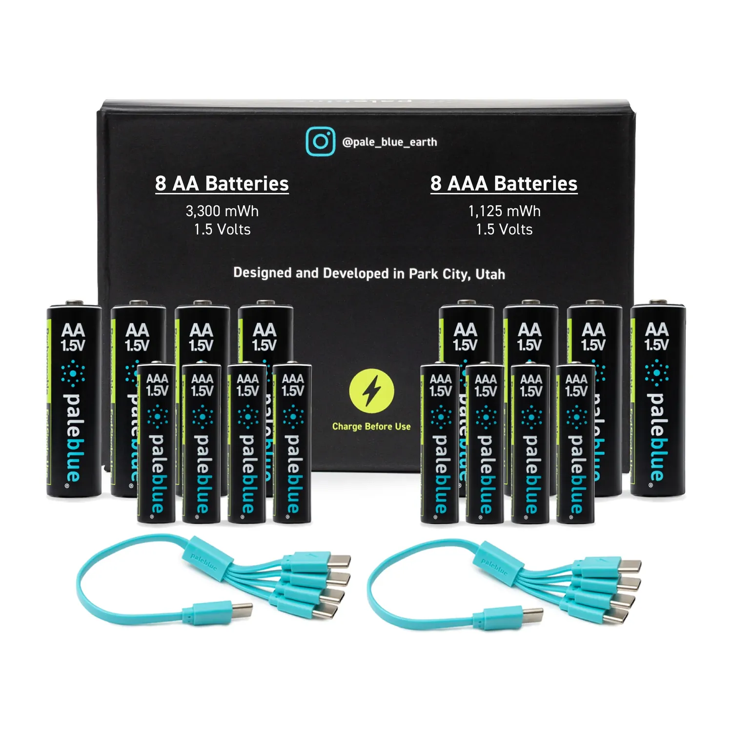 Paleblue Voyager Sustainability Kit with 16 Rechargeable Batteries laid out: eight AA cells and eight AAA cells with two 4-to-1 USB-C charging cables.
