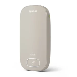 Phonak Roger Multimedia Hub Transmitter: The champagne hub with its connect button.