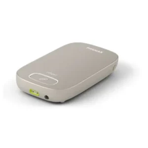 Phonak Roger Multimedia Hub Transmitter: The hub from an angle, with its indicator light and audio jack.