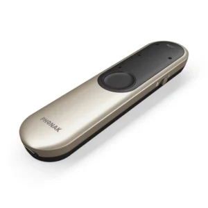Phonak Roger On V2 Transmitter and Gateway for Roger Earpiece: The slim champagne transmitter with its function button.