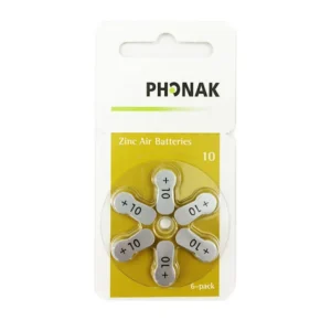 Phonak 070-0371 A10 Zinc-Air Batteries (6-Pack): The card of six size 10 zinc-air batteries.