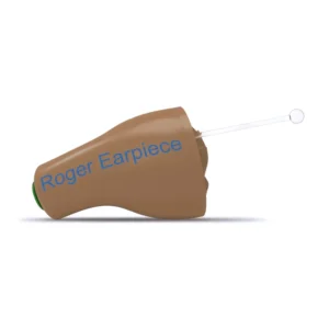 Phonak Roger Earpiece V2 Wireless In-Ear Receiver: The brown in-ear receiver with its removal handle and the Roger Earpiece name on its shell.