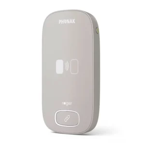 Phonak Roger Repeater Range Extender for Roger Earpiece: The champagne repeater with its connect button and indicator light.