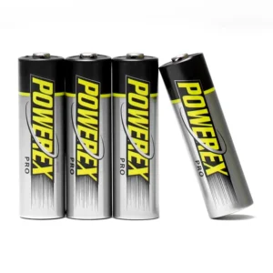 Powerex PRO AA Rechargeable NiMH Batteries 2nd Gen (4-Pack): four black and silver PRO AA batteries standing side by side, the fourth leaning against the others.