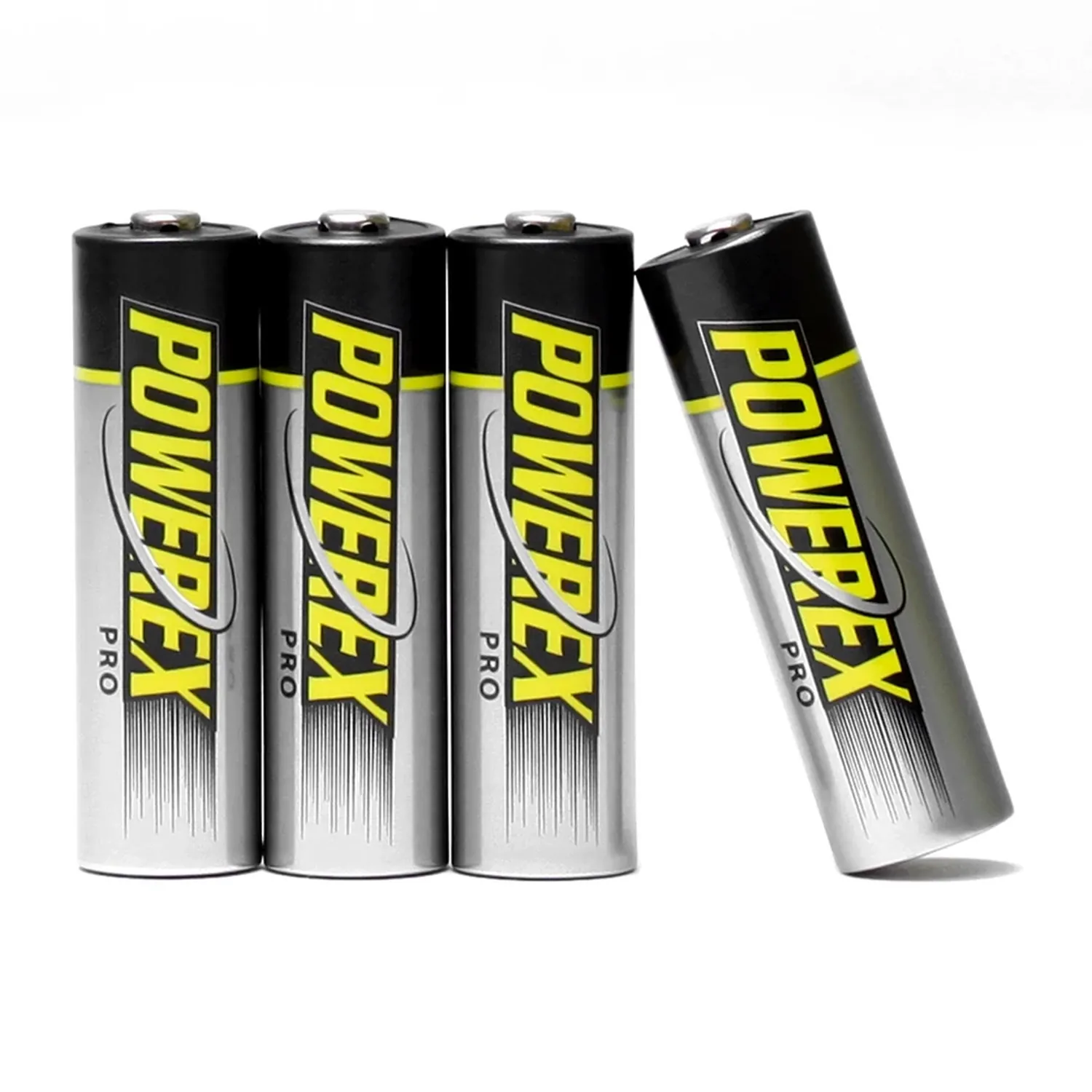 Powerex PRO AA Rechargeable NiMH Batteries 2nd Gen (4-Pack): four black and silver PRO AA batteries standing side by side, the fourth leaning against the others.