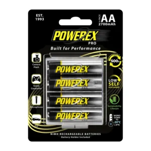 Powerex PRO AA Rechargeable NiMH Batteries 2nd Gen (4-Pack): the retail blister pack, with the four batteries in their clear holder on a black card that notes the battery holder is included.
