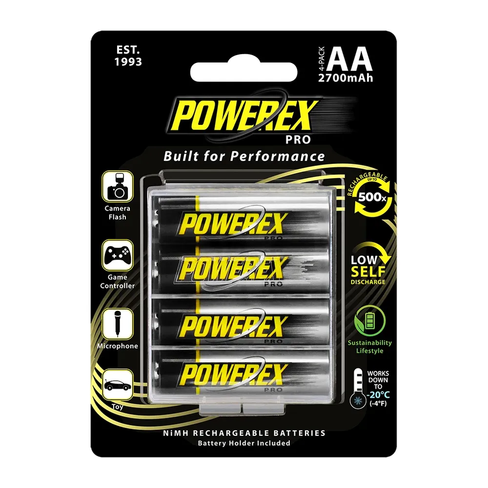 Powerex PRO AA Rechargeable NiMH Batteries 2nd Gen (4-Pack): the retail blister pack, with the four batteries in their clear holder on a black card that notes the battery holder is included.