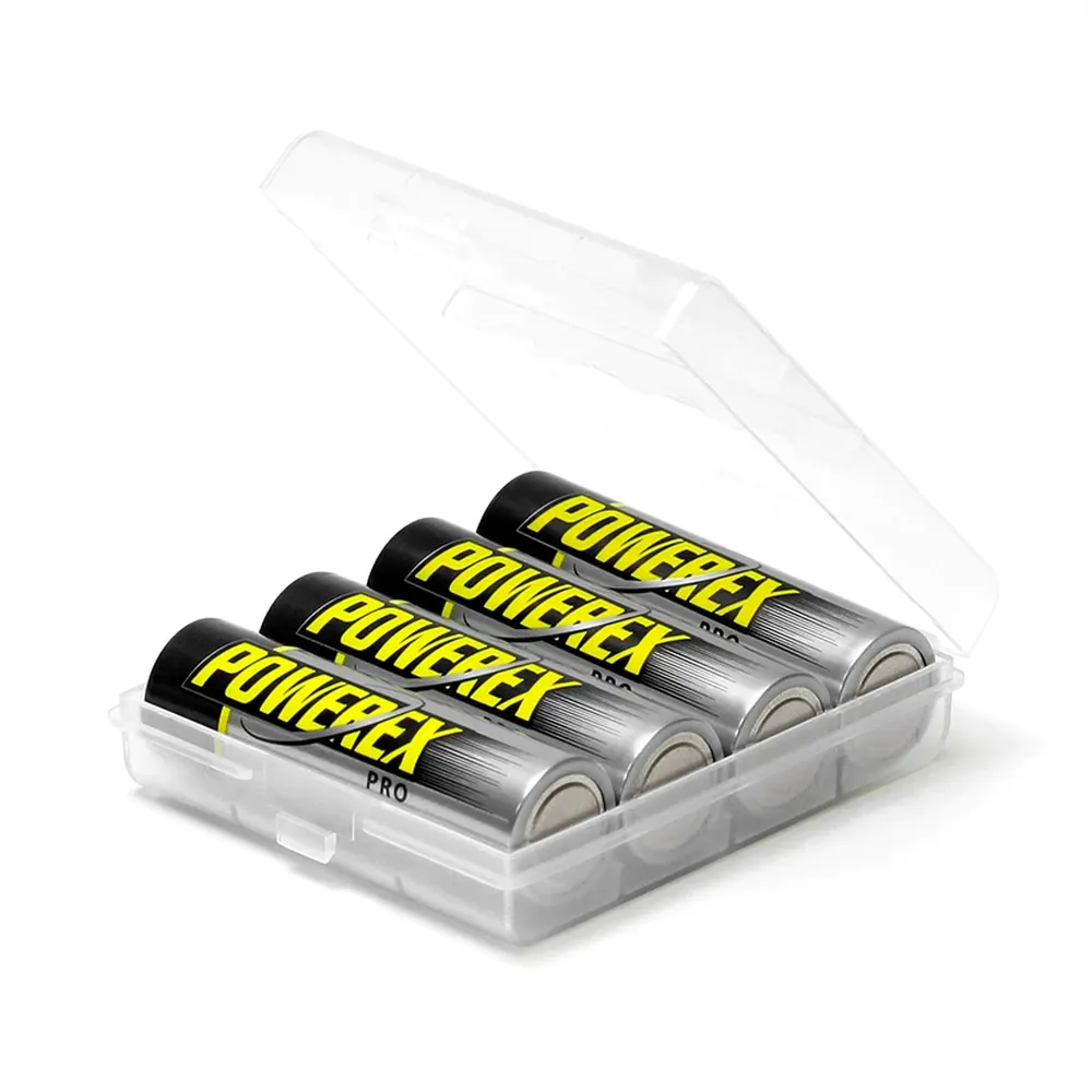 Powerex PRO AA Rechargeable NiMH Batteries 2nd Gen (4-Pack): the four batteries lying in the included clear plastic battery holder with its lid open.