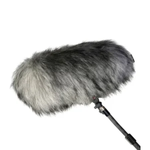 Radius Replacement Fur Wind Covers for Rycote Cyclone, gray fur cover on a Rycote Cyclone Medium on a boom pole.