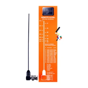 Remote Audio ANBNCRA Miracle Whip UHF Antenna Kit with Right-Angle BNC: The antenna with its right-angle BNC beside the frequency trimming chart.