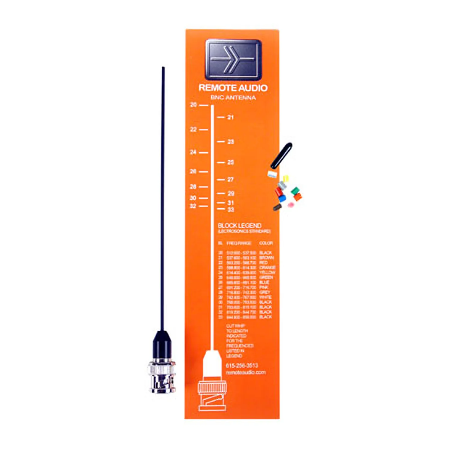 Remote Audio ANBNC Miracle Whip UHF Antenna Kit with BNC: The Miracle Whip antenna with its frequency trimming chart.