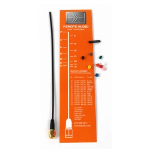 Remote Audio Ultra Flexible UHF Antenna Kit with SMA: The antenna on its frequency trimming chart card with color bands.