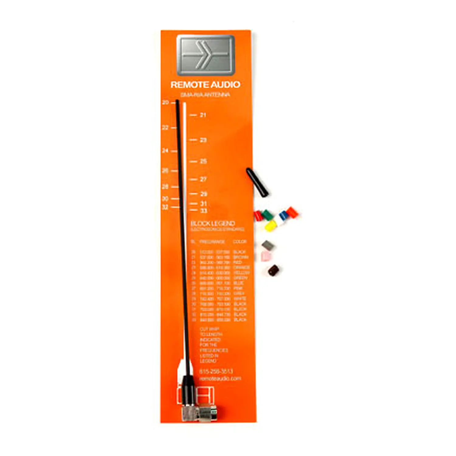 Remote Audio ANSMARA Miracle Whip UHF Antenna Kit with Right-Angle SMA: The antenna kit on its block chart card with color-coded caps.