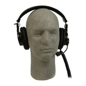Remote Audio Modified MDR-7506 with Dynamic Talk-Back Mic: The modified MDR-7506 headset with its talkback mic and coiled cable.