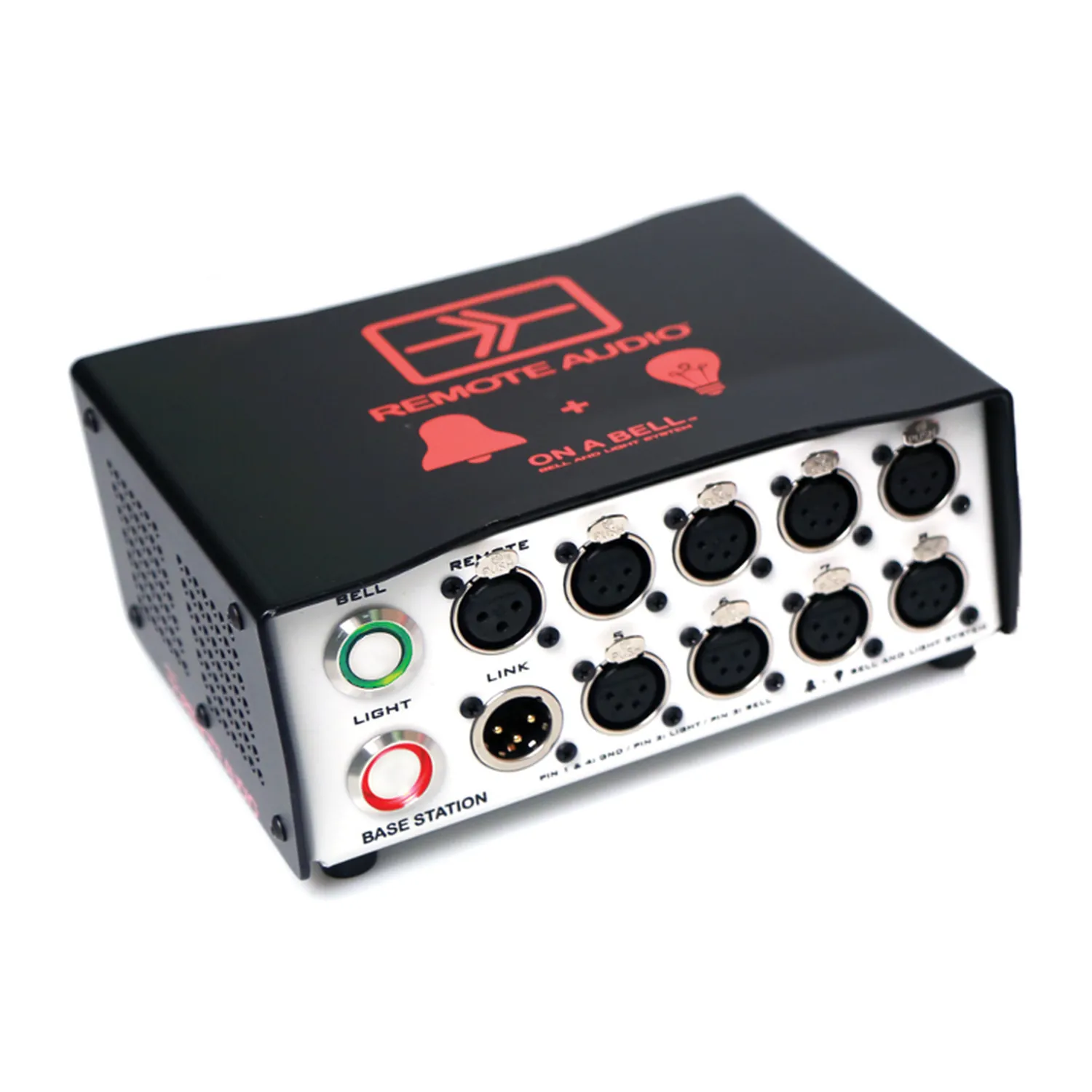 Remote Audio BLMPS Bell and Light Base Station Power Supply: The base station with its outlets and illuminated pushbuttons.