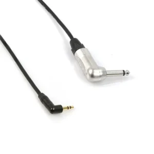 Remote Audio CA1/4R1/8RMO Adapter Cable 3.5mm TS to 1/4 in TS: The right-angle 3.5 mm TS plug and right-angle 1/4 in TS plug.
