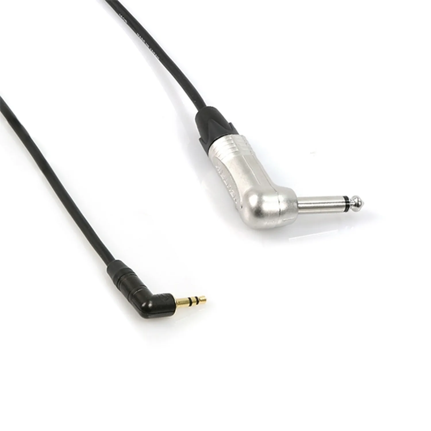 Remote Audio CA1/4R1/8RMO Adapter Cable 3.5mm TS to 1/4 in TS: The right-angle 3.5 mm TS plug and right-angle 1/4 in TS plug.