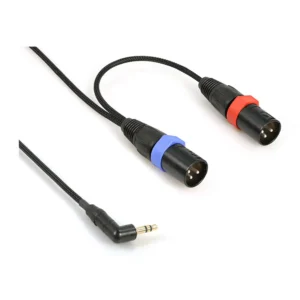 Remote Audio CA1/82X3MS Stereo Breakout Cable 3.5mm TRS to (2) XLR3M: The right-angle 3.5 mm TRS plug and the two XLR3M plugs with red and blue rings.