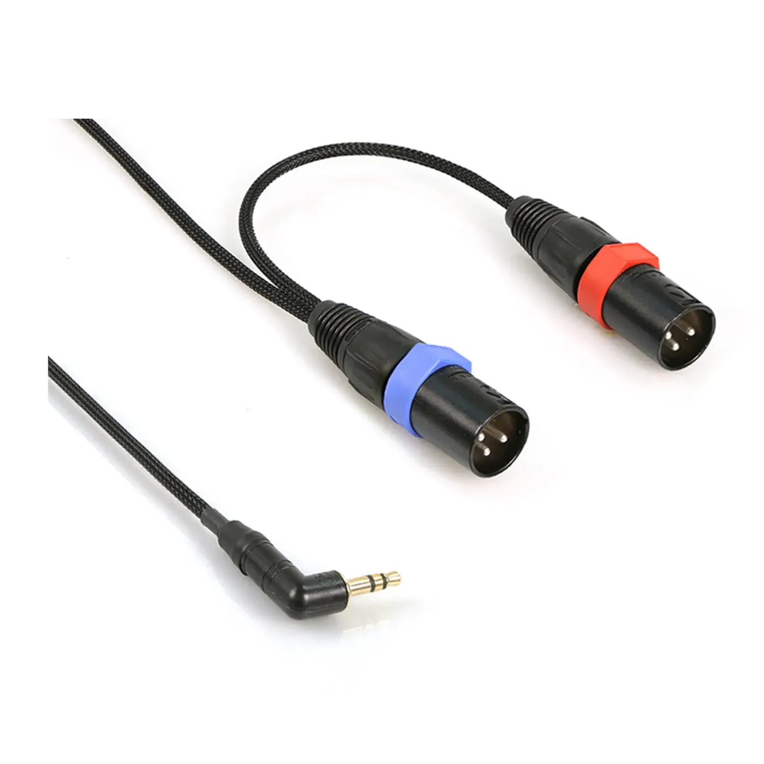 Remote Audio CA1/82X3MS Stereo Breakout Cable 3.5mm TRS to (2) XLR3M: The right-angle 3.5 mm TRS plug and the two XLR3M plugs with red and blue rings.