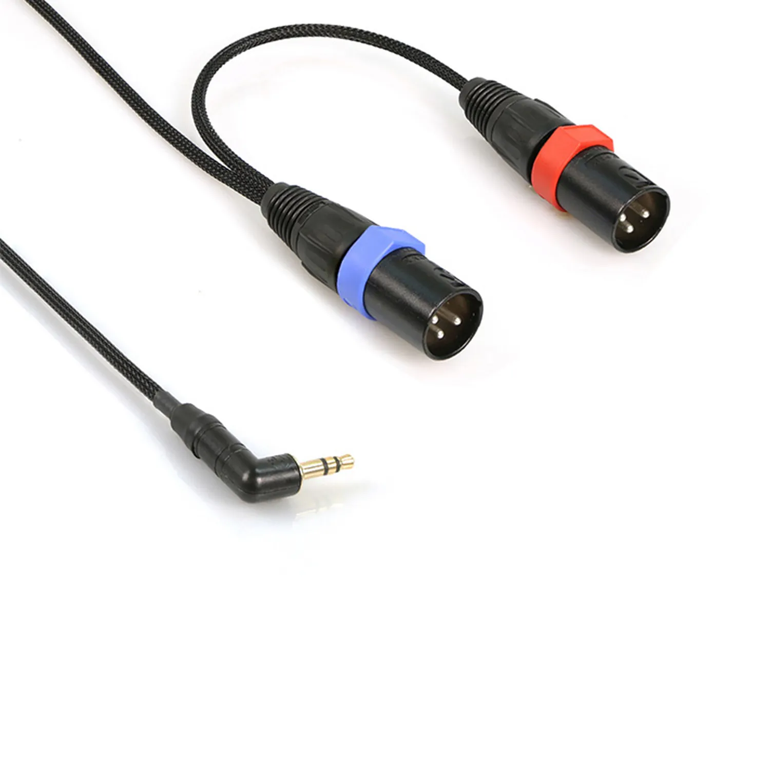 Remote Audio CA1/82X3MS Stereo Breakout Cable 3.5mm TRS to (2) XLR3M: The right-angle 3.5 mm TRS plug and the two XLR3M plugs with red and blue rings.