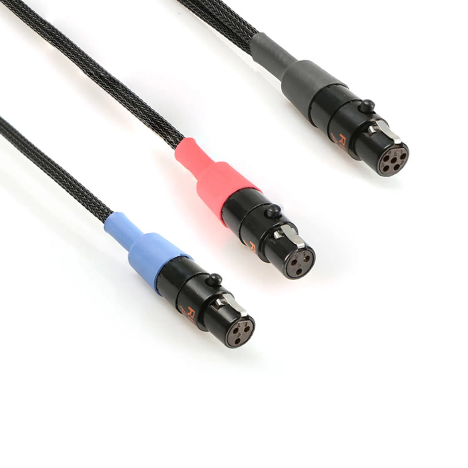 Remote Audio CA2T3FT5F18 Stereo Breakout Cable (2) TA3F to TA5F: The two TA3F plugs with red and blue rings and the TA5F.