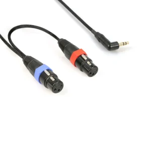Remote Audio CA2X3F1/8S Stereo Breakout Cable (2) XLR3F to 3.5mm TRS: The two XLR3F with blue and red rings and the right-angle 3.5 mm plug.