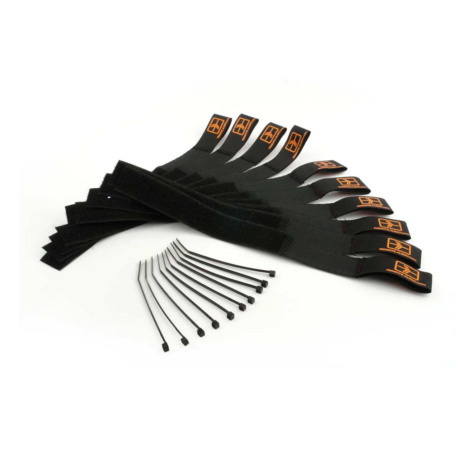 Remote Audio CABLEWRAP9 9 in Hook and Loop Cable Wraps (10-Pack): Ten black hook and loop wraps with black nylon zip ties.