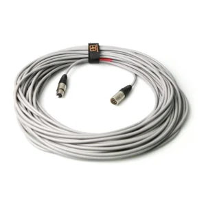 Remote Audio CABLX4P150 Bell and Light Premium Flex Cable (150 ft): The whole gray cable coiled, with its XLR4F and XLR4M connectors in front.