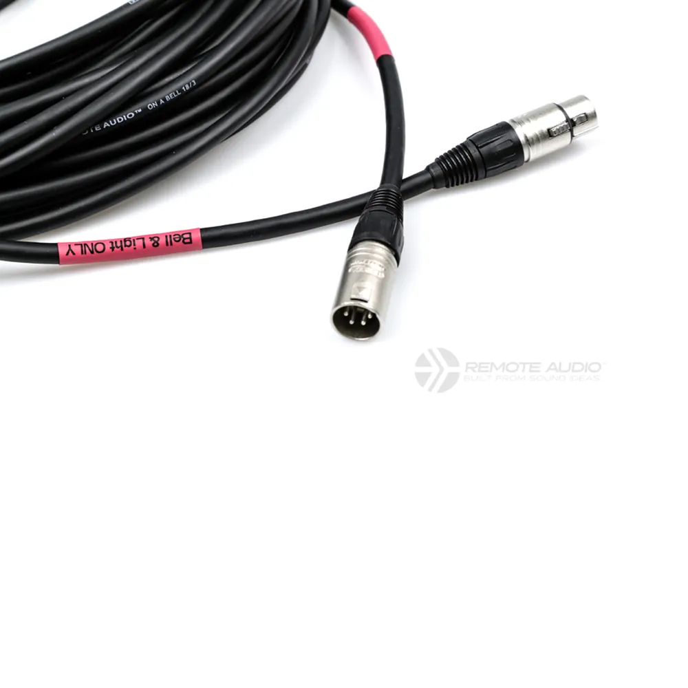 Remote Audio CABLX4PH100 Bell and Light Power Flex Cable (100 ft): The XLR4M and XLR4F with the label.