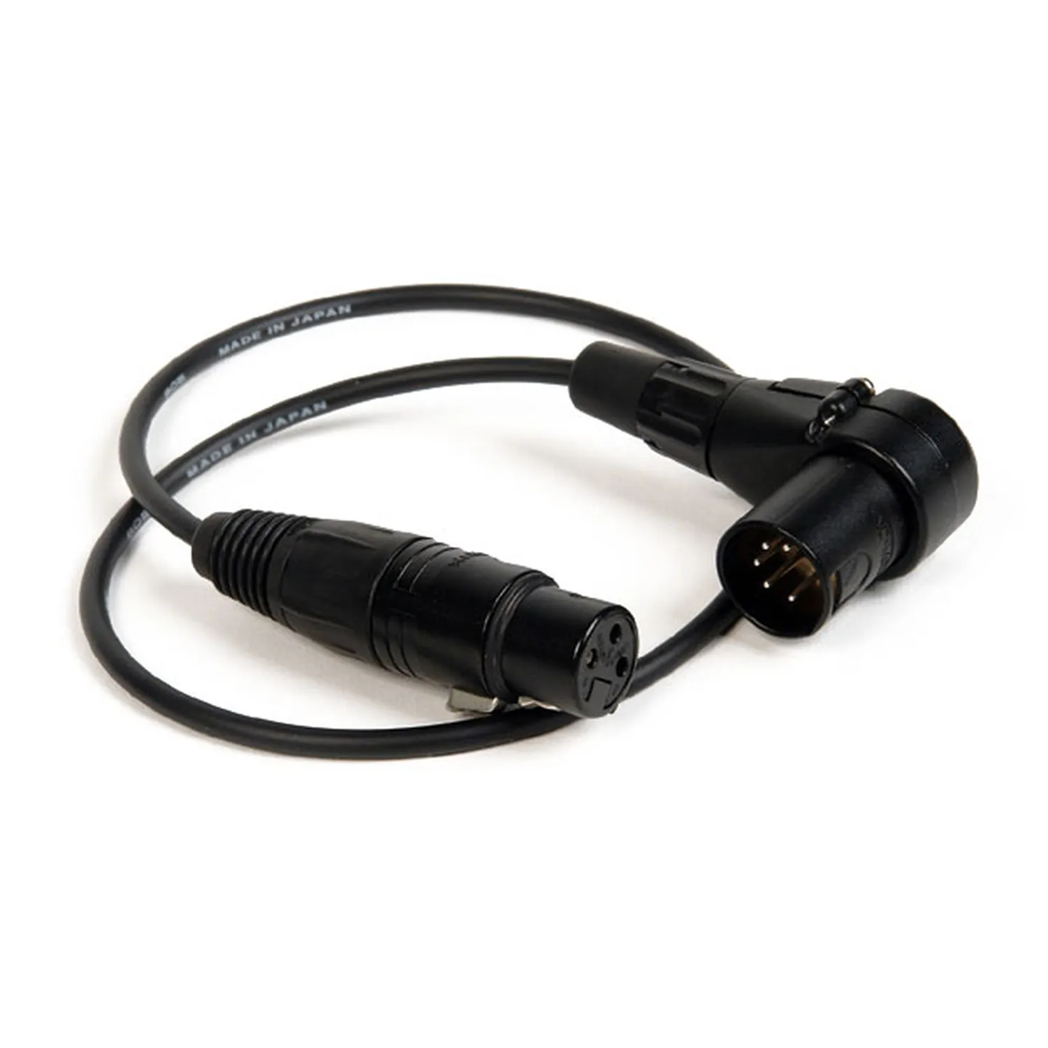 Remote Audio CAHDX3/5M Balanced Adapter XLR3F to XLR5M: The cable with its XLR3F and right-angle XLR5M.