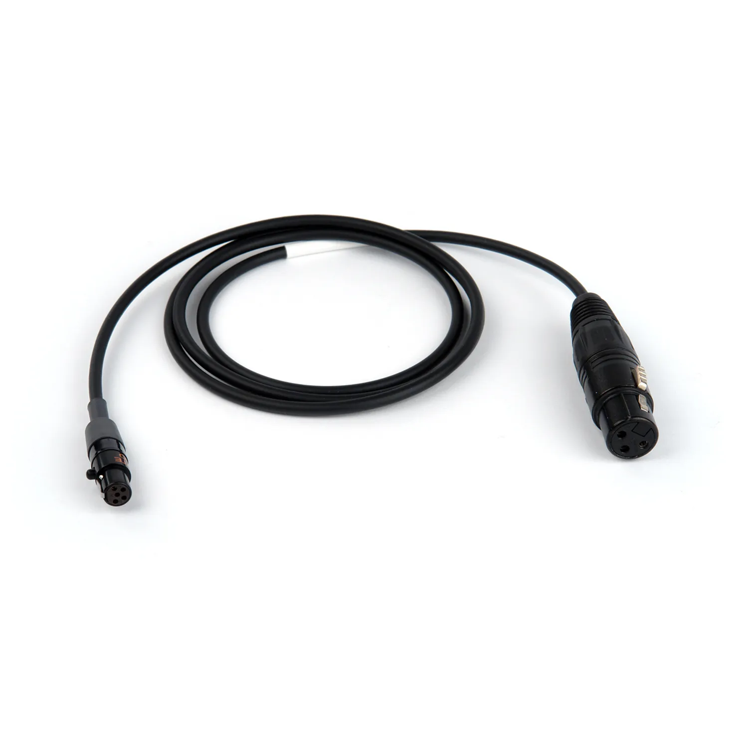 Remote Audio CALECXM Unbalanced Mic Level Adapter XLR3F to TA5F (4 ft): The cable with its TA5F and XLR3F.