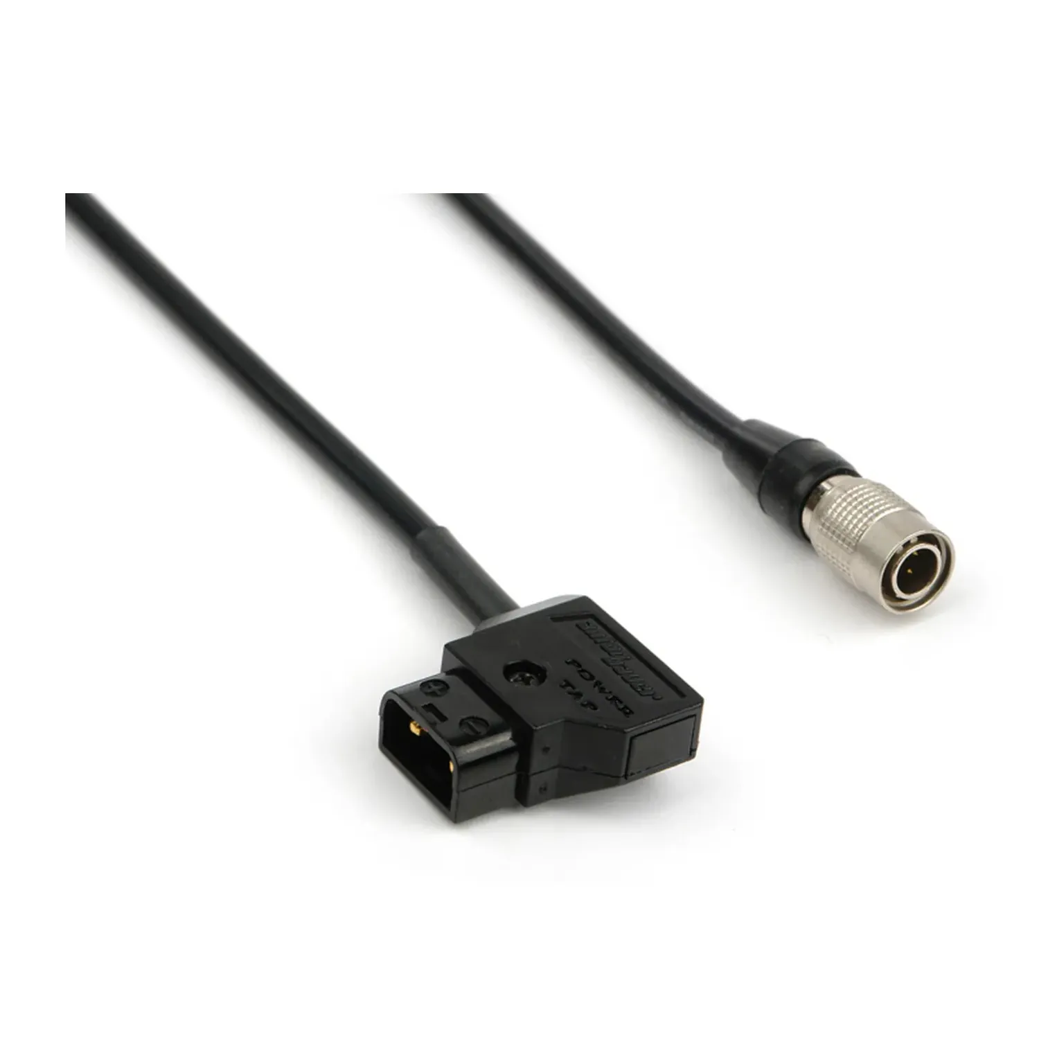 Remote Audio CAPTAPHIR DC Power Cable D-Tap to 4-Pin Hirose Male: The cable's D-Tap plug and 4-pin Hirose connector.