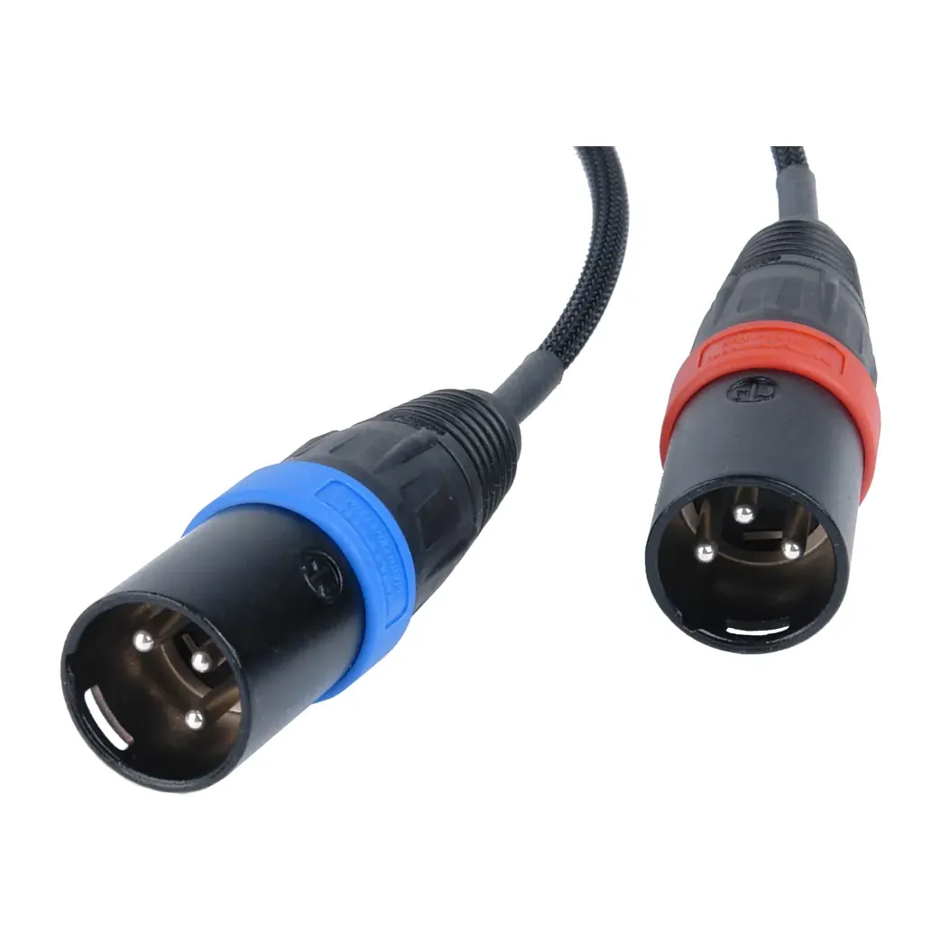 Remote Audio CAT5F2X3M18 Balanced Stereo Breakout TA5F to (2) XLR3M: The two XLR3M plugs with blue and red rings.