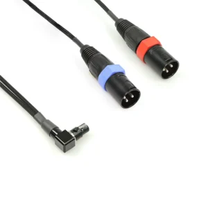 Remote Audio CAT5FR2X3M18 Balanced Stereo Breakout TA5F to (2) XLR3M: The two XLR3M plugs with blue and red rings and the right-angle TA5F.