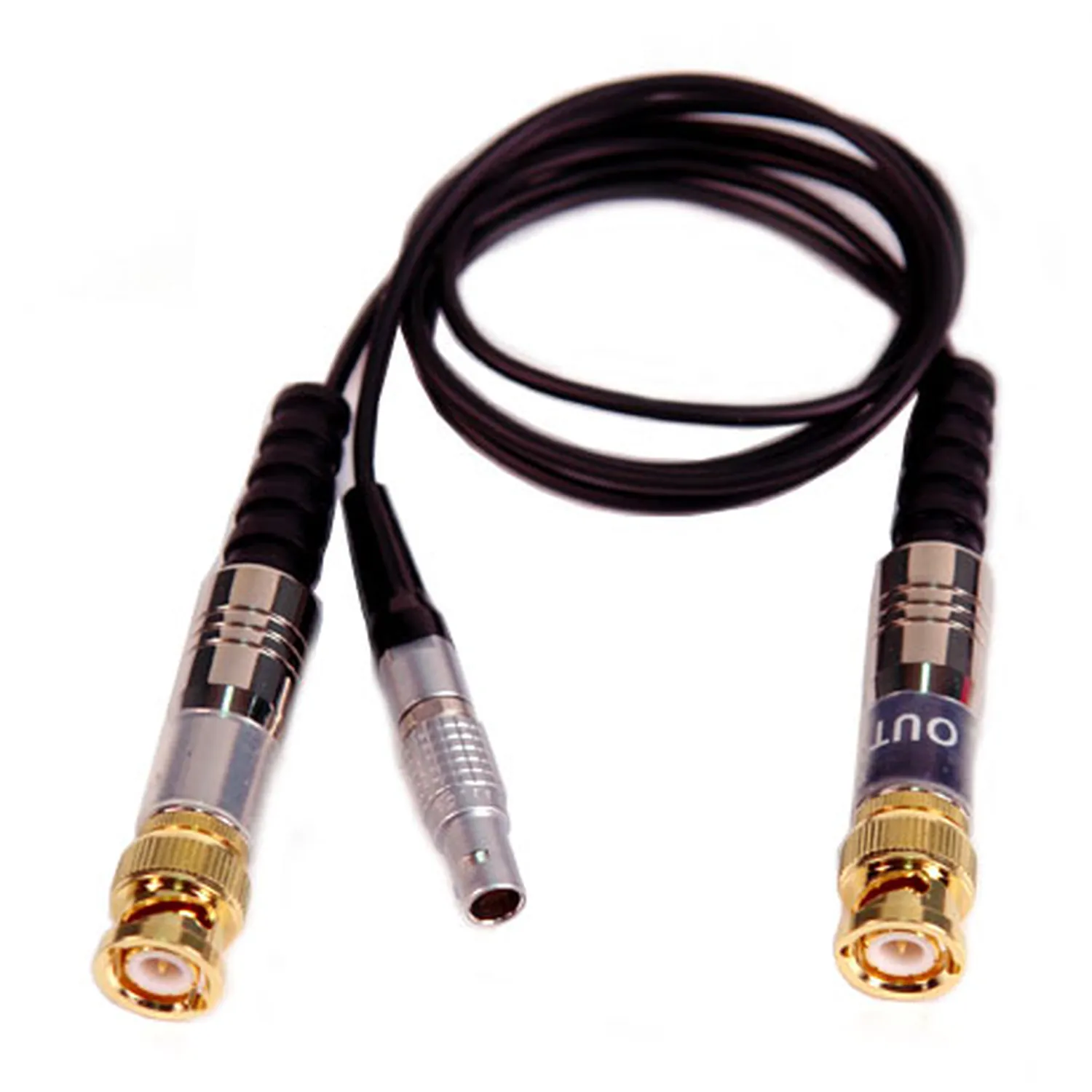 Remote Audio CATCIOBNC Timecode Input/Output Cable: Timecode cable with its 5-pin Lemo-style plug and two BNC plugs.