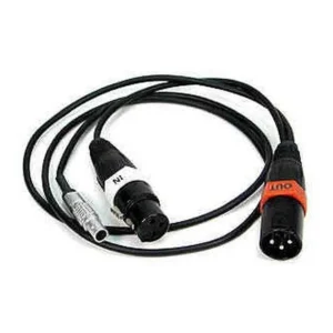Remote Audio CATCIO Timecode Input/Output Cable: The cable with its 5-pin Lemo-style plug, XLR3M, and XLR3F.
