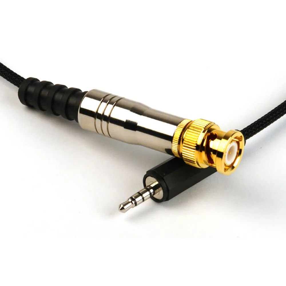 Remote Audio CATCiPBNC Timecode Input Cable for iPad and iPhone: The BNC plug and the 3.5 mm TRRS plug side by side.