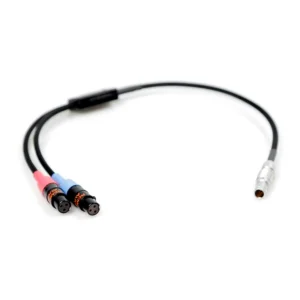 Remote Audio CATSTEL6M Balanced Stereo Breakout Cable: The breakout with its two color-banded TA3F and 6-pin Lemo.