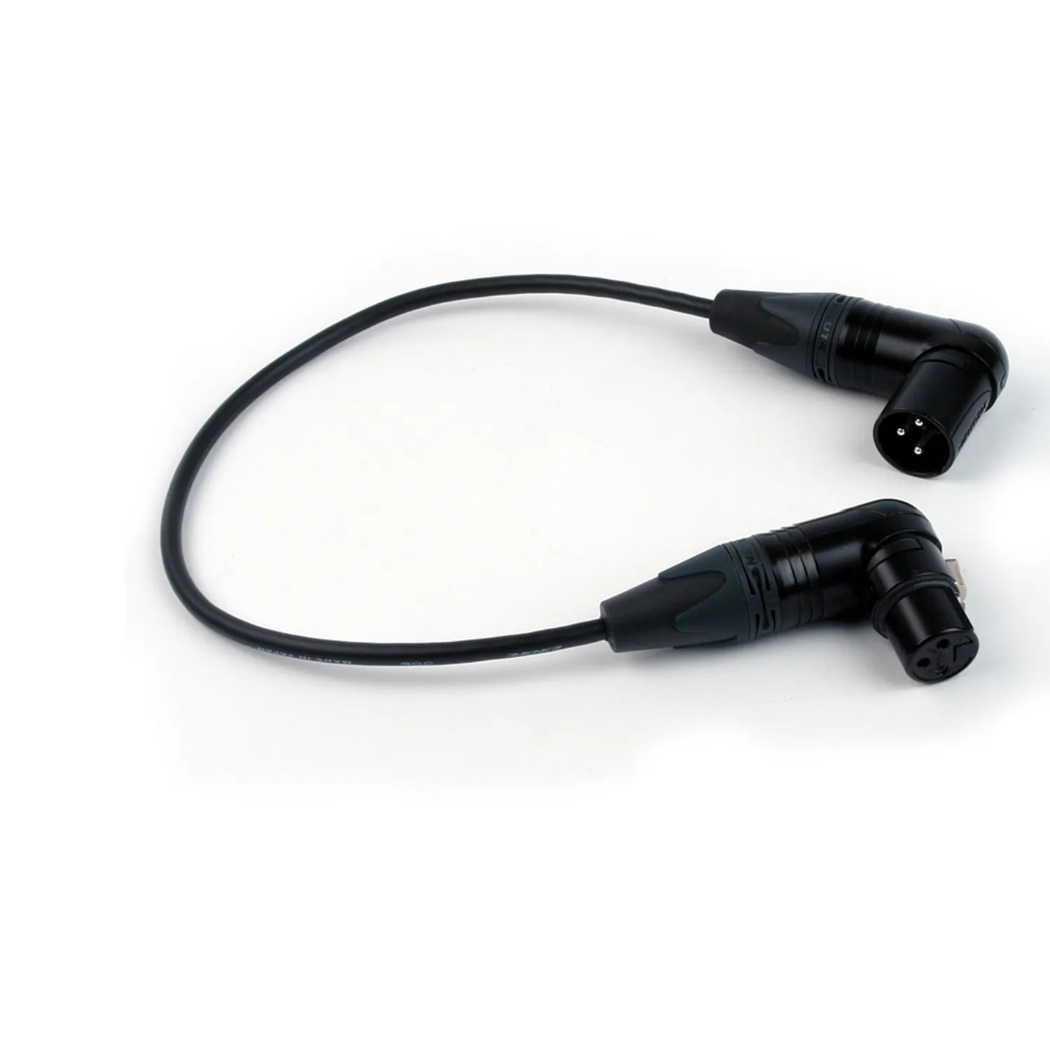 Remote Audio CAXJ12RTMF Balanced Jumper XLR3F RA to XLR3M RA: The 12 in jumper with its right-angle XLR3F and XLR3M.