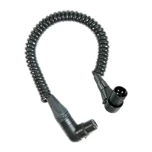 Remote Audio CAXJCOIL2RTMF Coiled Right-Angle Jumper XLR3F to XLR3M: The coiled jumper with its right-angle XLR3F and XLR3M.