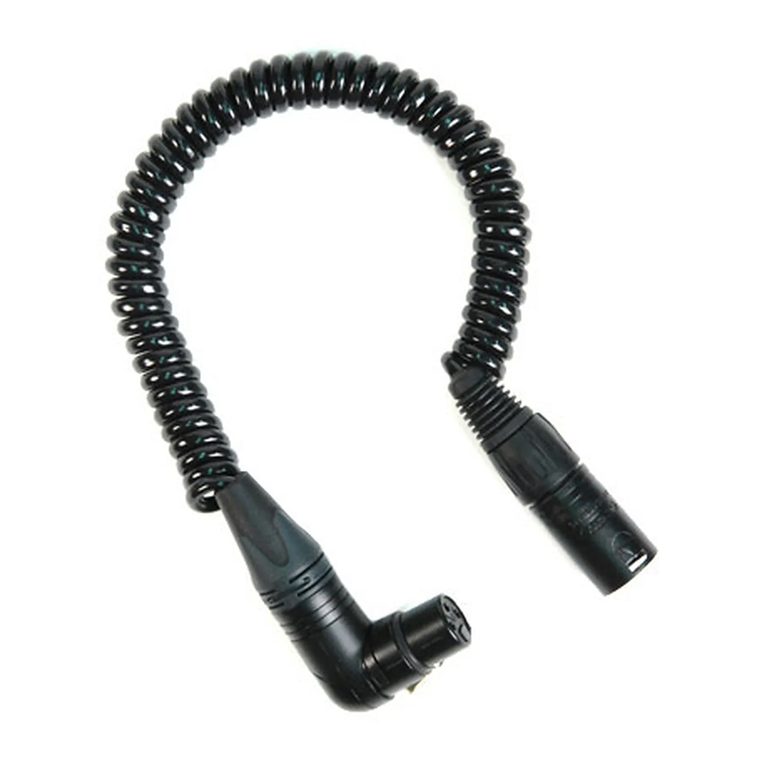 Remote Audio CAXJCOIL2 Balanced Coiled Jumper XLR3F RA to XLR3M: Short coiled jumper with right-angle XLR3F and XLR3M.