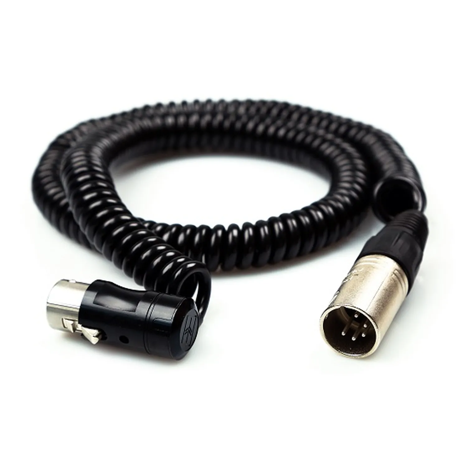 Remote Audio CAXJCOILSTLPF Stereo Coiled Jumper XLR5F to XLR5M: The coiled cable with its low-profile XLR5F and XLR5M.