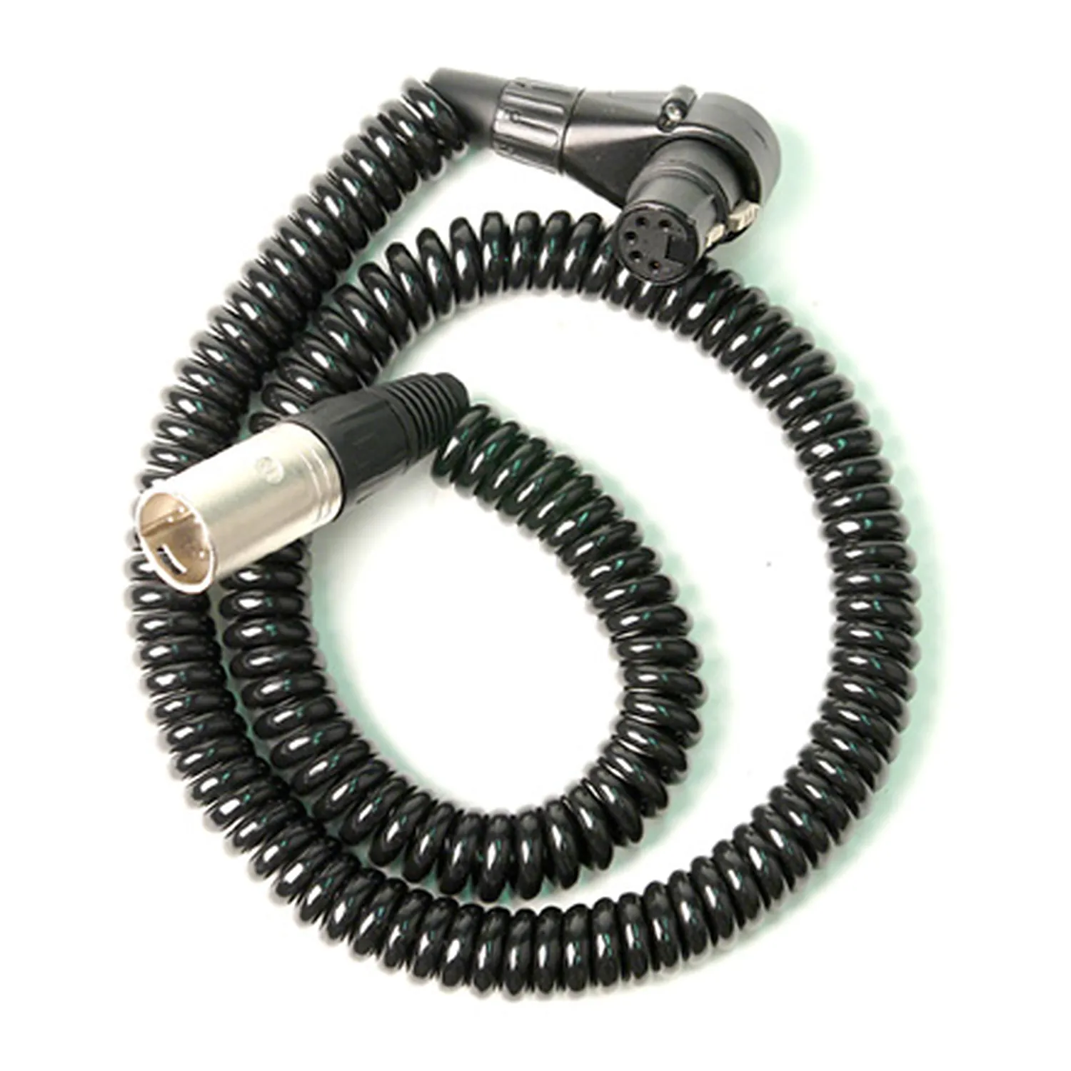 Remote Audio CAXJCOILST Stereo Coiled Jumper XLR5F RA to XLR5M: The coiled jumper with its right-angle XLR5F and XLR5M.