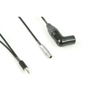 Remote Audio CAZERXALEXA Breakout Cable Zaxcom ERX to ARRI Alexa: The 3.5 mm plug, 5-pin Lemo plug, and right-angle XLR5M up close.